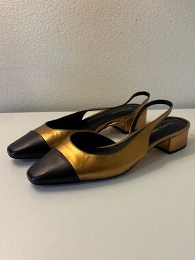 Veronica Beard Cecile Metallic Copper & Black Cap Toe Slingback Pumps 9M